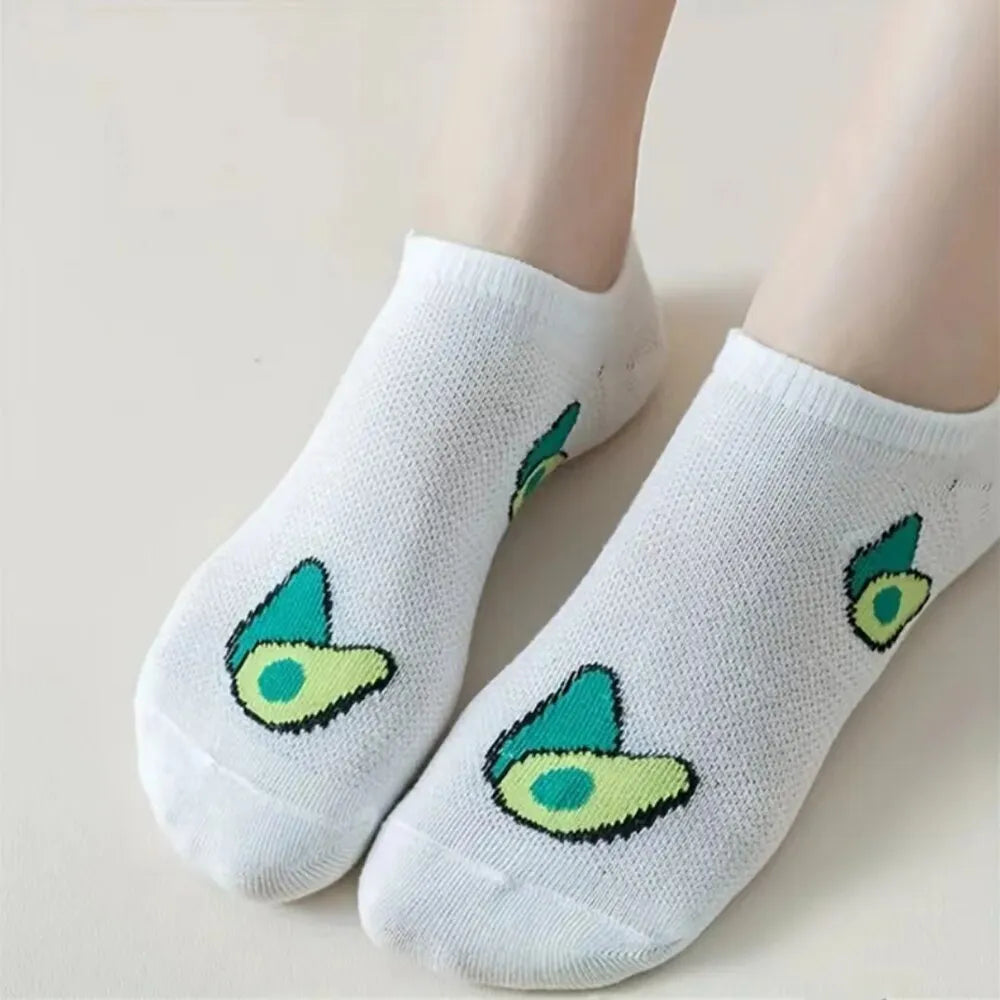 5 Pairs Avocado Crew Ankle Socks Cartoon Fresh Fashion Breathable Summer And Autumn Kawaii Comforts Women's Low Cut Boat Socks - TaMNz