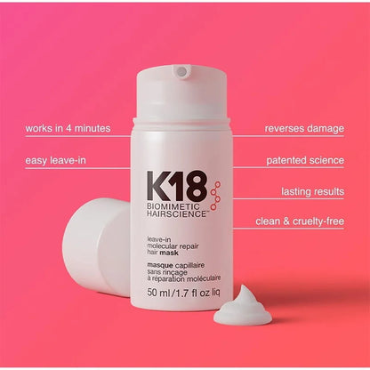 K18 Leave-In Molecular Hair Mask for deep repair of damaged hair, featuring patented K18Peptide technology.