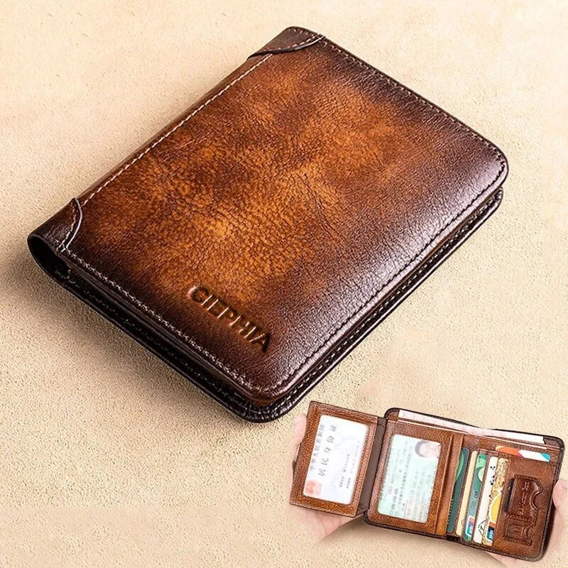 Genuine Leather Rfid Protection Wallets for Men Vintage Thin Short Multi Function ID Credit Card Holder Money Bag - TaMNz