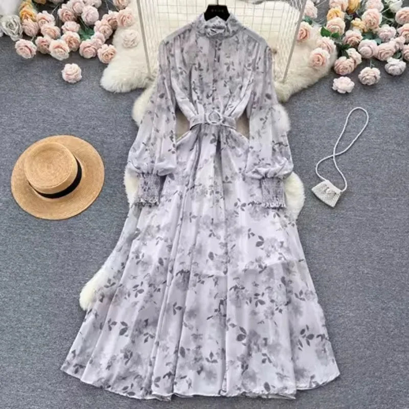 Autumn Winter Women Stand Collar Puff Sleeve Long Dress Casual Floral Print Dress Elegant Lady Chiffon A-line Dress - Tamnz