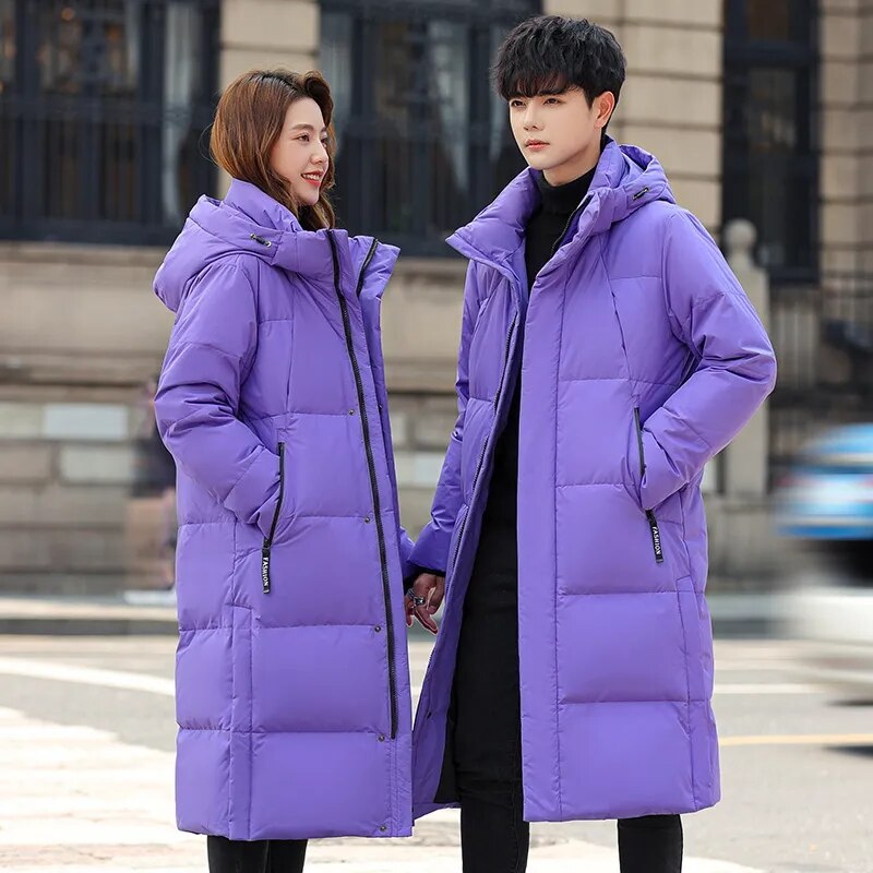 Purple Men and Women Quilted Winter Coat 2023 New Men's Thick (Winter) X-Long Warm Hooded Lovers Down Jackets Brand Clothing - TaMNz