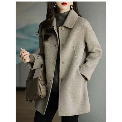 Autumn Winter Woolen Coat Slim Fashion Office Lady Square Collar Single Breasted Winter Coats Wide-waisted Pocket - TaMNz