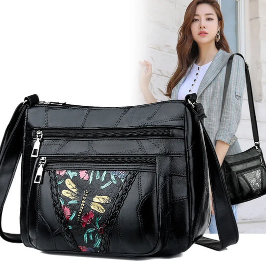 Luxury Soft Leather Women Messenger Shoulder Handbags And Purses Flowers Multi-pocket Crossbody Mommy Bag Ladies Sac - TaMNz