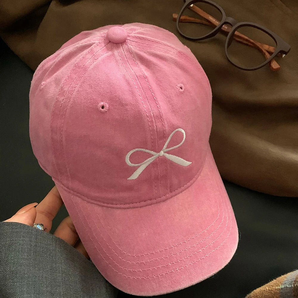 Retro Washed Distressed Bow Embroidered Baseball Cap For Women's Spring/Summer Korean Version Sweet Versatile Pink Hat Sun Hat - Tamnz