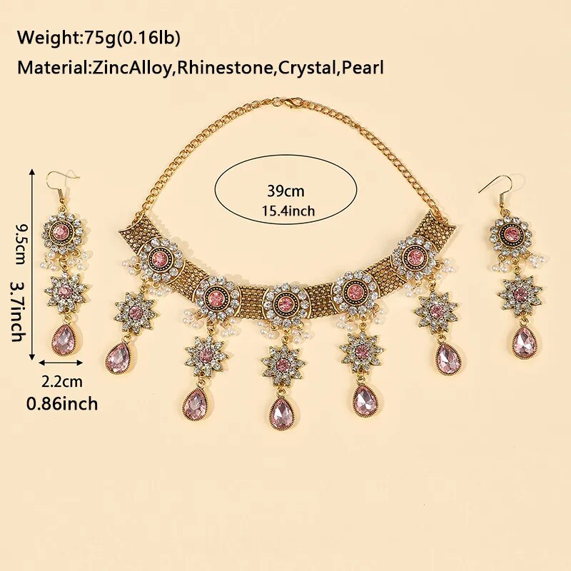 Vintage Crystal Flower Jewelry Sets for Women Accessories Rhinestone Antique Gold Color Necklace and Earrings Set Party Gift - TaMNz