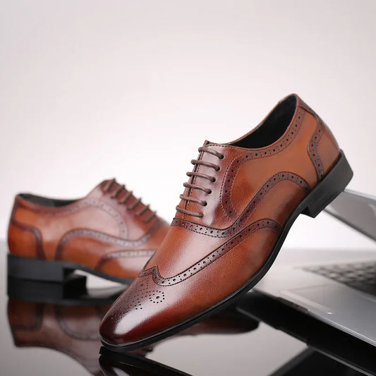 Classic Retro Brogue Mens Lace-Up Leather Dress Business Office Flat Oxfords shoes - TaMNz