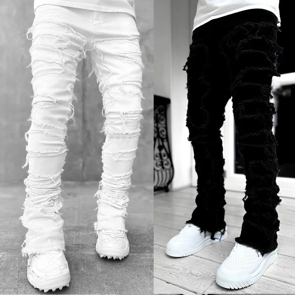 Street fashion ins hot style elastic patch denim straight-leg pants new men's fashion retro denim trousers - TaMNz