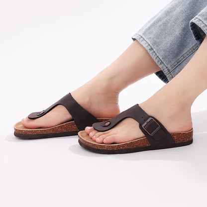 Comwarm 2024 Cork Flip Flops For Women Men Flats Sandals Leather Summer House Slides Open Toe Beach Shoes With Adjustable Buckle