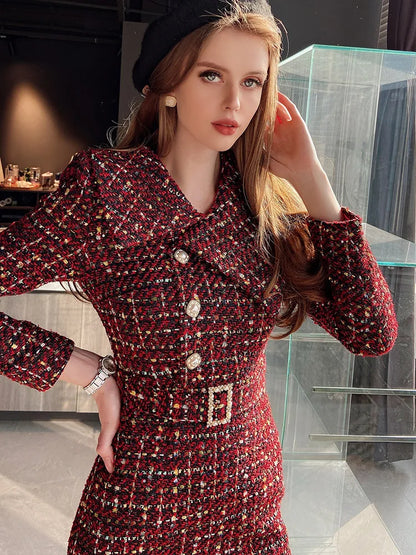 Spring Autumn Dress Female Vintage Women Trend Tweed Asymmetric Large Laple High Waist Dresses 2023 DF1DDR025 - TaMNz