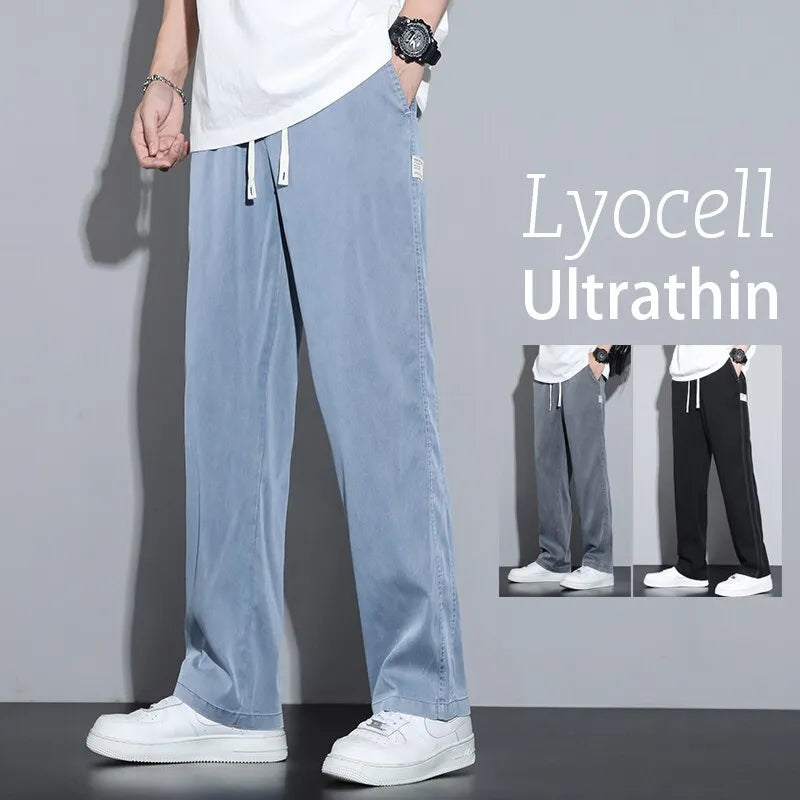 Summer Soft Lyocell Fabric Men's Jeans Thin Loose Straight Pants Drawstring Elastic Waist Korea Casual Trousers Plus Size M-5XL - TaMNz