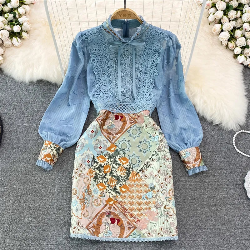 Summer Women OL Workwear Dress Clothing Vintage Bow Lace Patchwork Print Flowers Long Sleeve Costumes - Tamnz