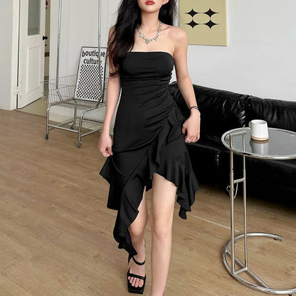 Strapless Tube Sexy Dress Midi Floral Summer 2023 Off Shoulder Split Club Women Dress Party White Black Outfits - TaMNz