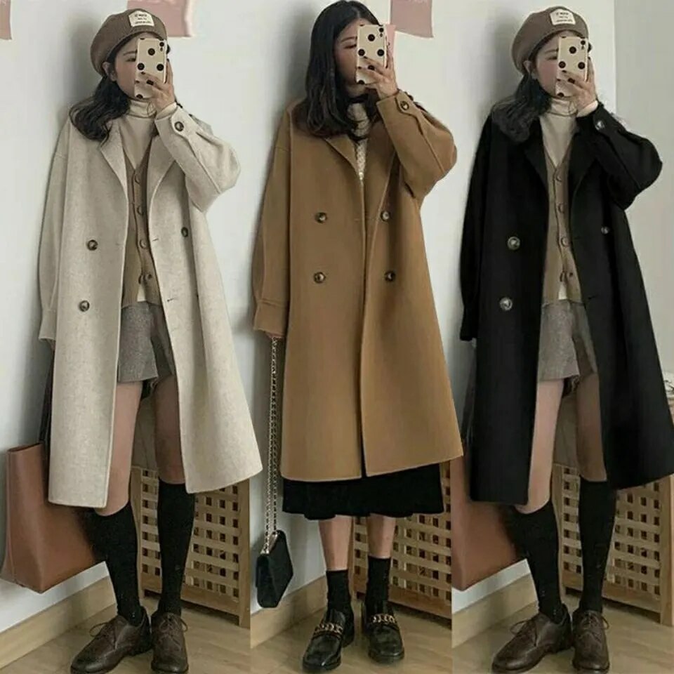 Elegant Woolen Trench Coat Winter Mid-Length Single-Breasted Warm Loose Wool Windbreakers Jacket Overcoat for Women Casual Coat - TaMNz