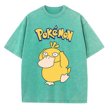 Pokemon Psyduck Girl T-Shirts Summer American Retro Cotton T-Shirt Funny O-Neck Preppy Style Oversizedheavyweightshort Sleeved