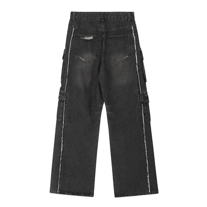 Vintage Hi Street Ripped Casual Jeans Pants Men Harakuju Washed Baggy Denim Trousers Multi Pockets - TaMNz