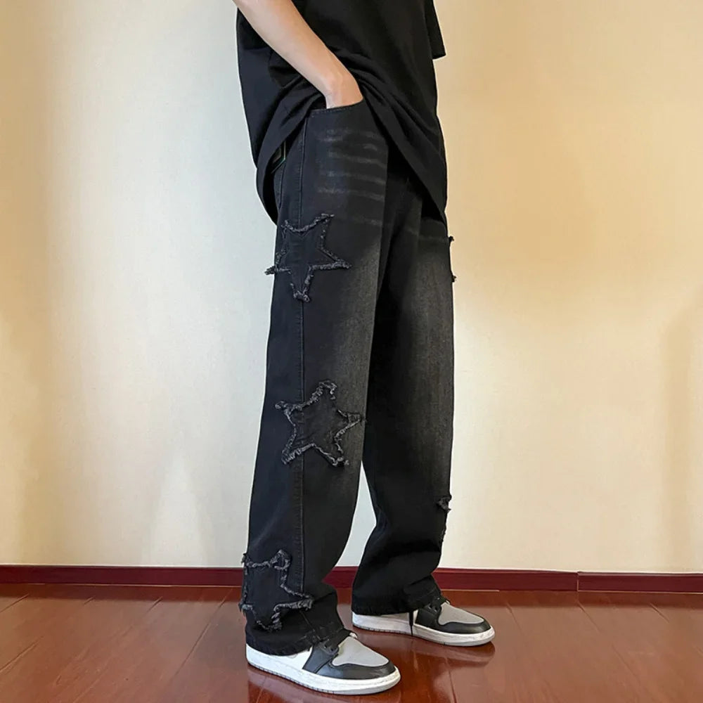 Star Embroidery Straight Korean Casual Denim Trousers - TaMNz