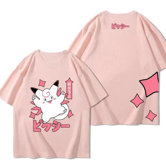 （Miniso) Pokemon Anime Clefable Jump Summer Cute Art Style Short Sleeved Loose Clothes Women Tshirts Trend Fashion Cartoon Tops