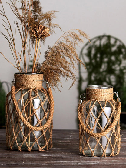 Rustic Hanging Glass Vase Rope Net Dry Flower Glass Vase with Art Hemp Rope Home Transparent Living Room Decor Table Decoration - Tamnz