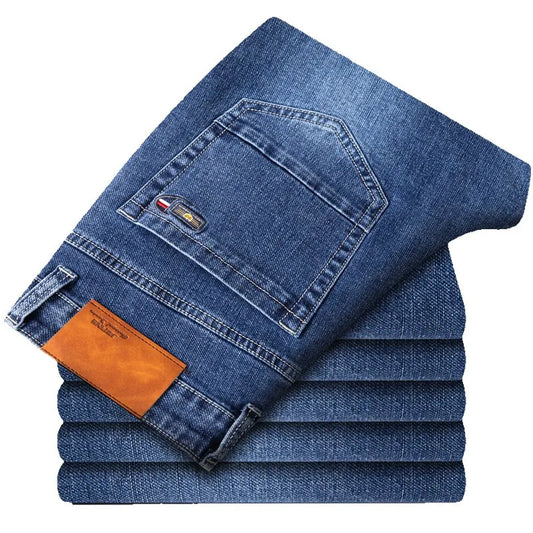 Volcanic Rock Fabric Men Business Thick Jeans Classic Style Black Blue Denim Stretch - TaMNz