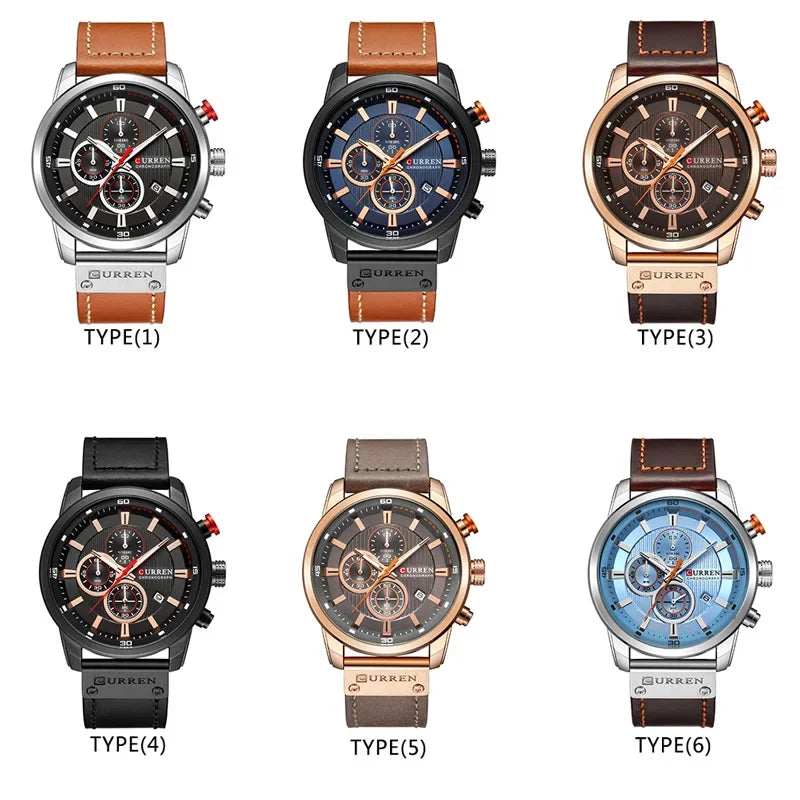 CURREN Men Watch Top Brand Luxury Chronograph Auto Date Waterproof Sport Male Clock Leather Military Original Wristwatch 8291