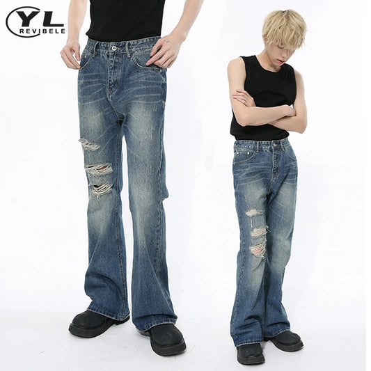 High Street Hole Design Jeans Men Distressed Blue Washed Korea Loose Micro Horn Denim Pants Vintage Harajuku Straight Trousers