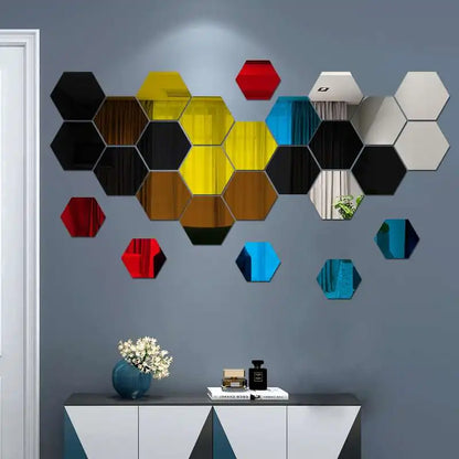 6/12pcs 3D Hexagon Mirror Wall Sticker Rose Gold DIY TV Background Living Room Stickers Wall Decor Bedroom Bathroom Home Decor - Tamnz