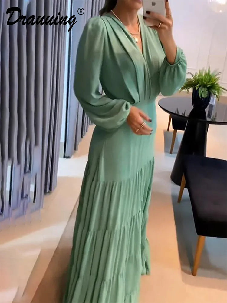 Drauuing Green V Neck Fold Hem Long Sleeve Maxi Dresses Women Elegant Hight Waist Loose Hem Party Dresses Women Autumn New - TaMNz