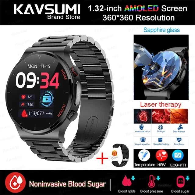 Blood Sugar Smartwatch ECG PPG Heart Rate Laser Treatment Sapphire Glass - Tamnz