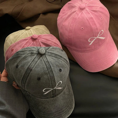 Retro Washed Distressed Bow Embroidered Baseball Cap For Women's Spring/Summer Korean Version Sweet Versatile Pink Hat Sun Hat