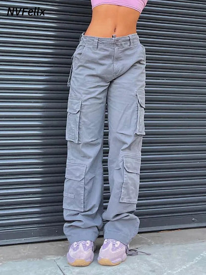 Summer Womens Vintage Grey Cargo Pants High Waist Wide Leg Jeans Baggy Casual Fashion Multiple Pockets Mom Hip Hop Street Style - TaMNz