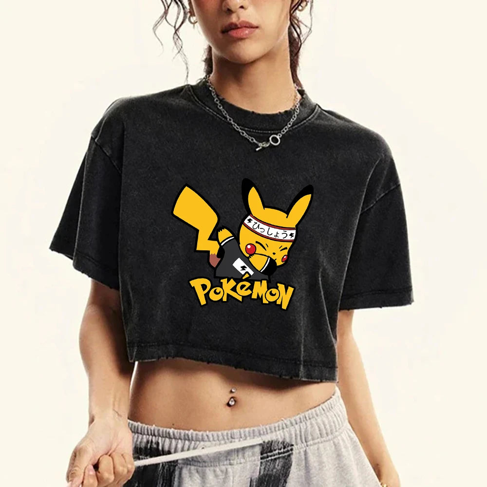 Japanese Anime Pikachu Woman T Shirts Summer American Retro Cotton Breathable Tee Shirt Fashion Casual Home Tshirt Short Sleeved