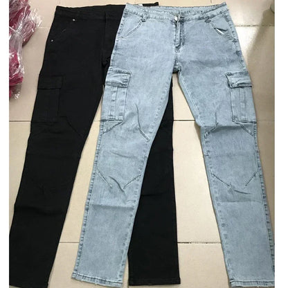 Jeans Men Pants Wash Solid Color Multi Pockets Denim Mid Waist Cargo Jeans Plus Size Fahsion Casual Trousers Male Daily Wear - TaMNz