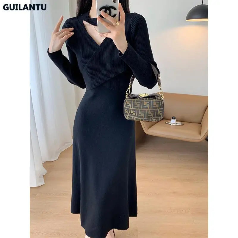 Women's Pullover Knitting Dresses V Neck Long Sleeve Bandahe Black Midi Dress Korean Style Elegant Vintage Sweater Knit Dress - TaMNz