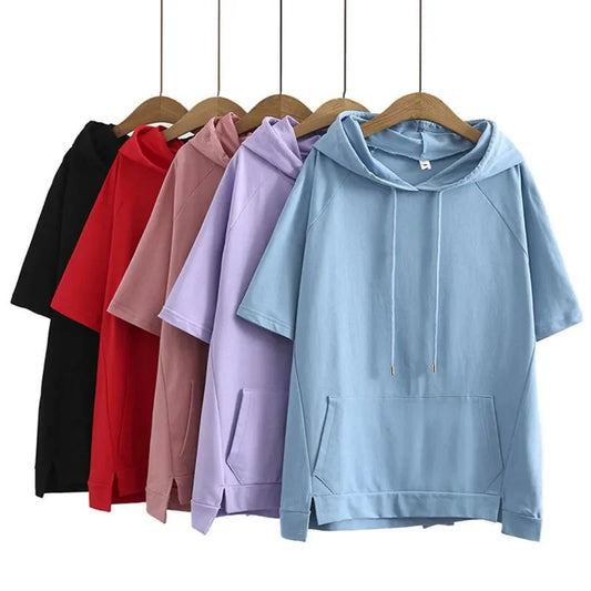 2023 Oversize 4XL Loose Sweatshirts Women Cotton Hoodies Summer Short-sleeves Thin Tees Female Casual Pullover Tops Outerwear