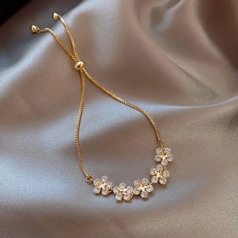Elegant Inlaid Rhinestone Korean Bracelets Gold Colour Flower Charm Bracelet for Women Fashion Jewelry Accessories Party Gifts - TaMNz