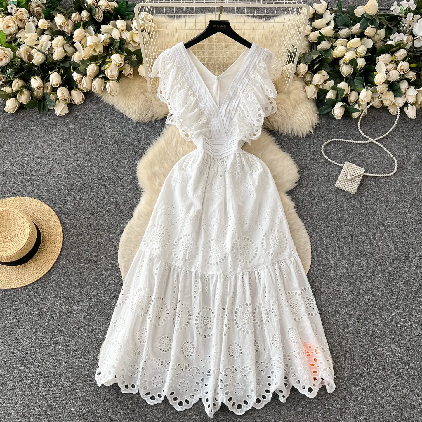 Summer Midi White Dress for Women Boho Tank Ruffle Hollow Beach Vacation Female Vestidos Chic Pleated Gorgeous Traf New In 2023 - TaMNz