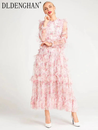 Fashion Designer Spring Mesh Long Dress Women O-Neck Lantern Sleeve Flower Print Ruffles Bohemian Dresses - TaMNz