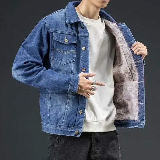 Stylish Denim Jacket For Men Trendy Korean Style Slim Fit Warm Top Fleece Lined Thickened Fall Winter Jacket