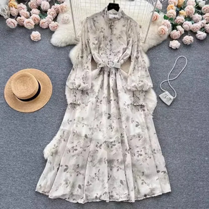 Autumn Winter Women Stand Collar Puff Sleeve Long Dress Casual Floral Print Dress Elegant Lady Chiffon A-line Dress - Tamnz