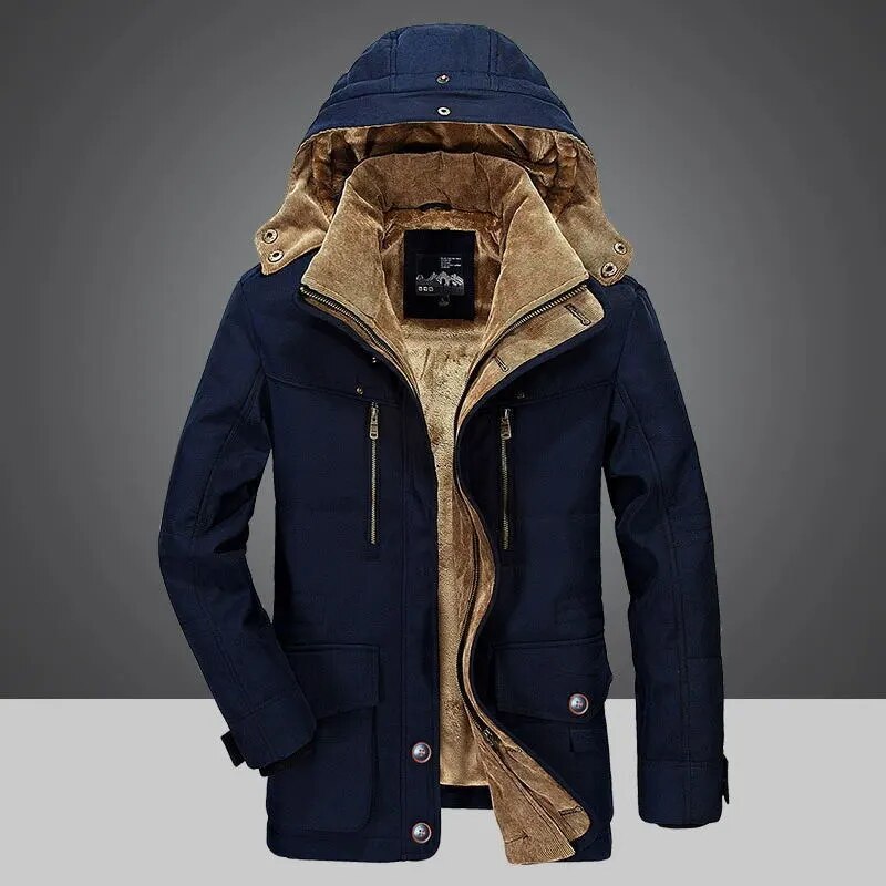 Men's Winter Jacket Plus Velvet Thick Warm Multi Pocket Jackets Solid Parkas Male Coat - TaMNz