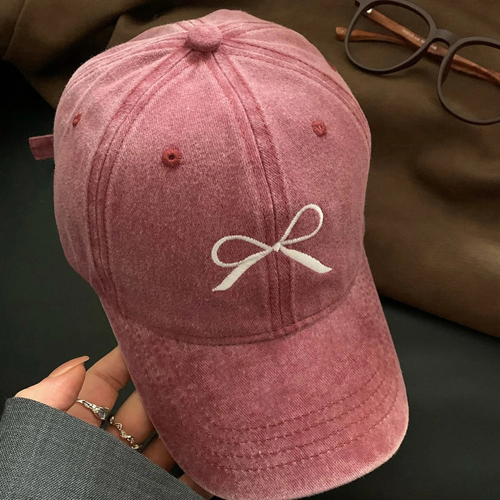 Retro Washed Distressed Bow Embroidered Baseball Cap For Women's Spring/Summer Korean Version Sweet Versatile Pink Hat Sun Hat - Tamnz