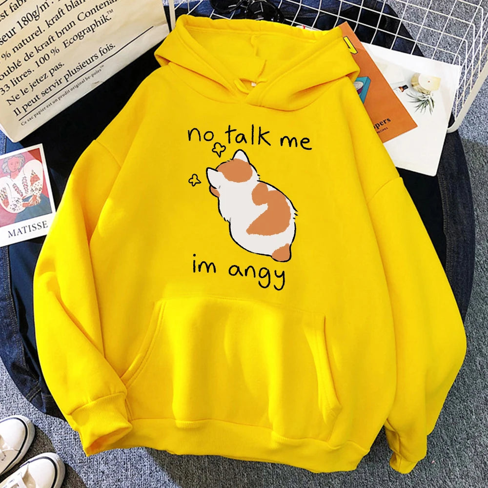 No Talk Me Cute Angry Cat Print Women Hoody Hip Hop Soft Sweatshirt Casual Fleece Sweatshirt Oversize Fleece Women Streetwear - TaMNz