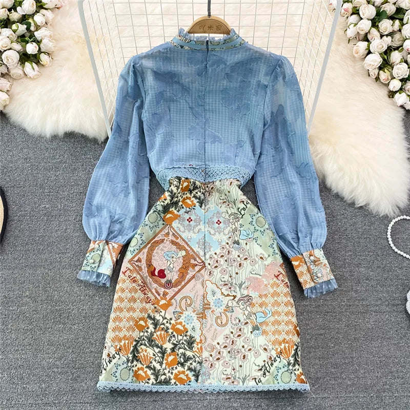 Summer Women OL Workwear Dress Clothing Vintage Bow Lace Patchwork Print Flowers Long Sleeve Costumes - Tamnz