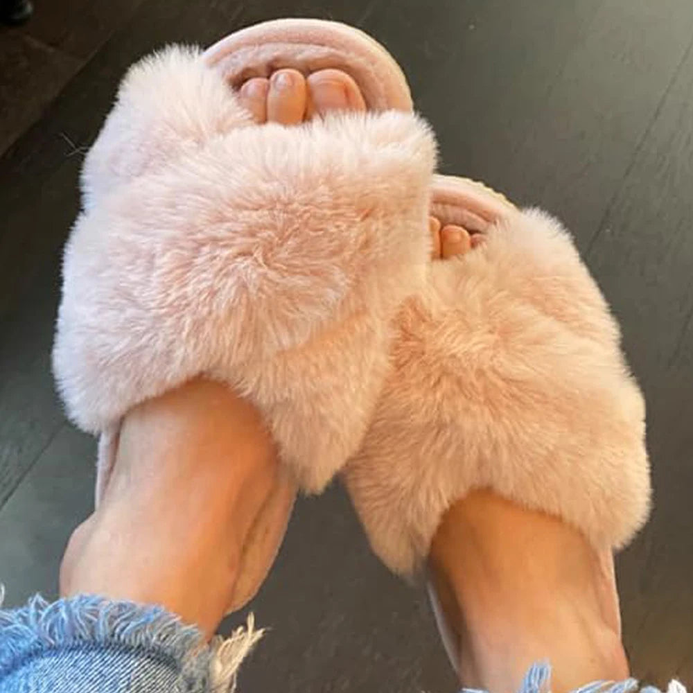 Comwarm Women's Cross Band Fuzzy Slippers Fashion Fur Thick Sole Flip Flops Winter Fluffy Open Toe House Slippers Indoor Shoes