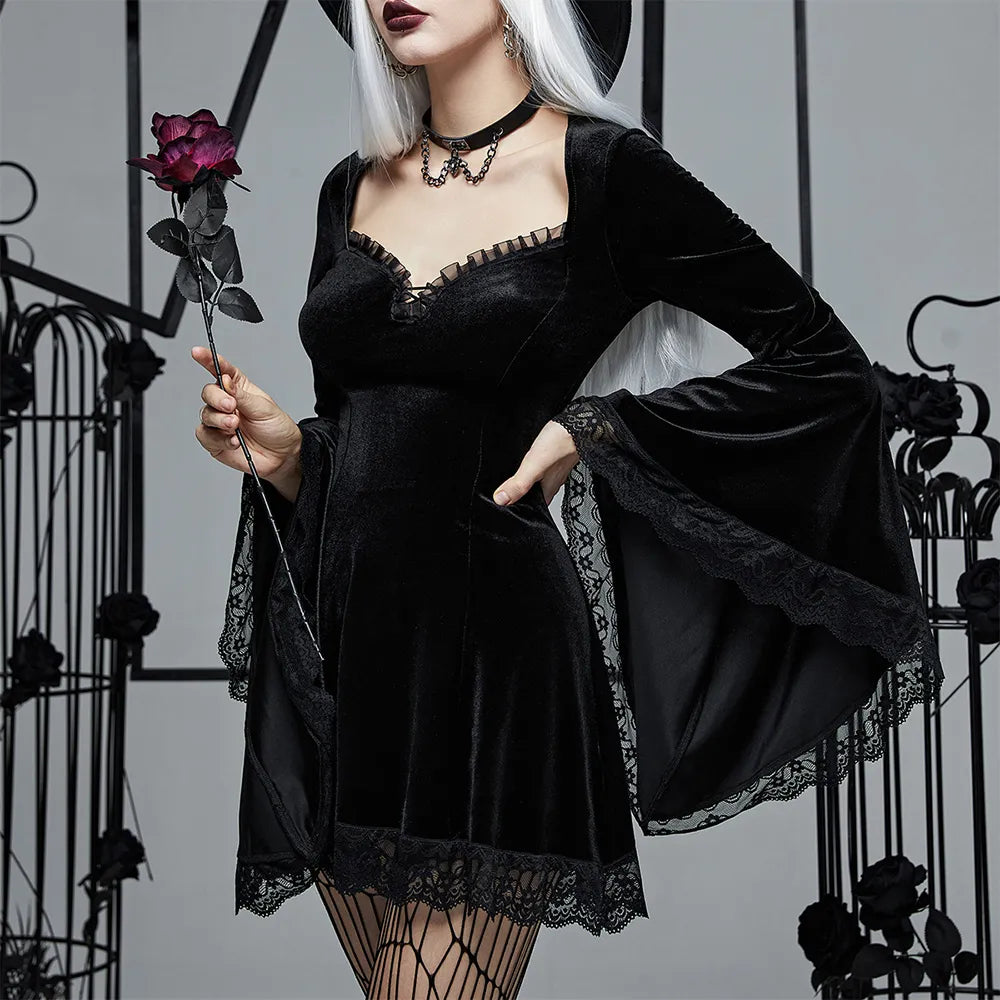 Vintage Dress Women Gothic Lace V-Neck Witch Long Sleeves Dresses - Tamnz