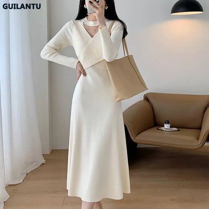 Women's Pullover Knitting Dresses V Neck Long Sleeve Bandahe Black Midi Dress Korean Style Elegant Vintage Sweater Knit Dress - Tamnz