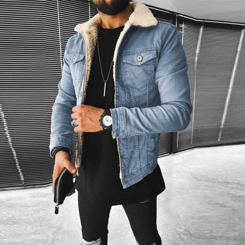 Denim Jacket Thickened Men Imitation Lamb Wool Solid Color Autumn Winter Warm Jacket Loose Comfortable Fashionable Street Style