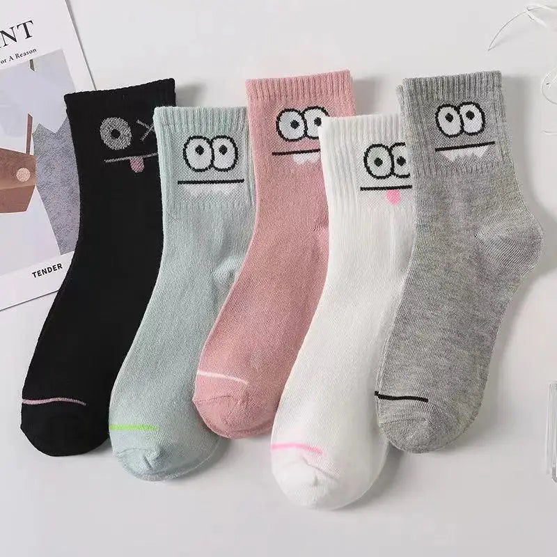 5 Pairs Cute Expression Print Socks, Comfy & Funny All-match Mid Tube Socks, Women's Stockings & Hosiery - TaMNz