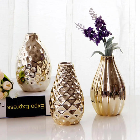 Unique Oval Shape Plating Ceramic Flower Vase Decorative Modern for Home Centerpieces Three Different Styles