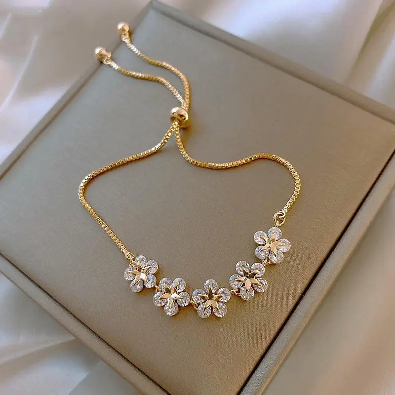 Elegant Inlaid Rhinestone Korean Bracelets Gold Colour Flower Charm Bracelet for Women Fashion Jewelry Accessories Party Gifts - TaMNz